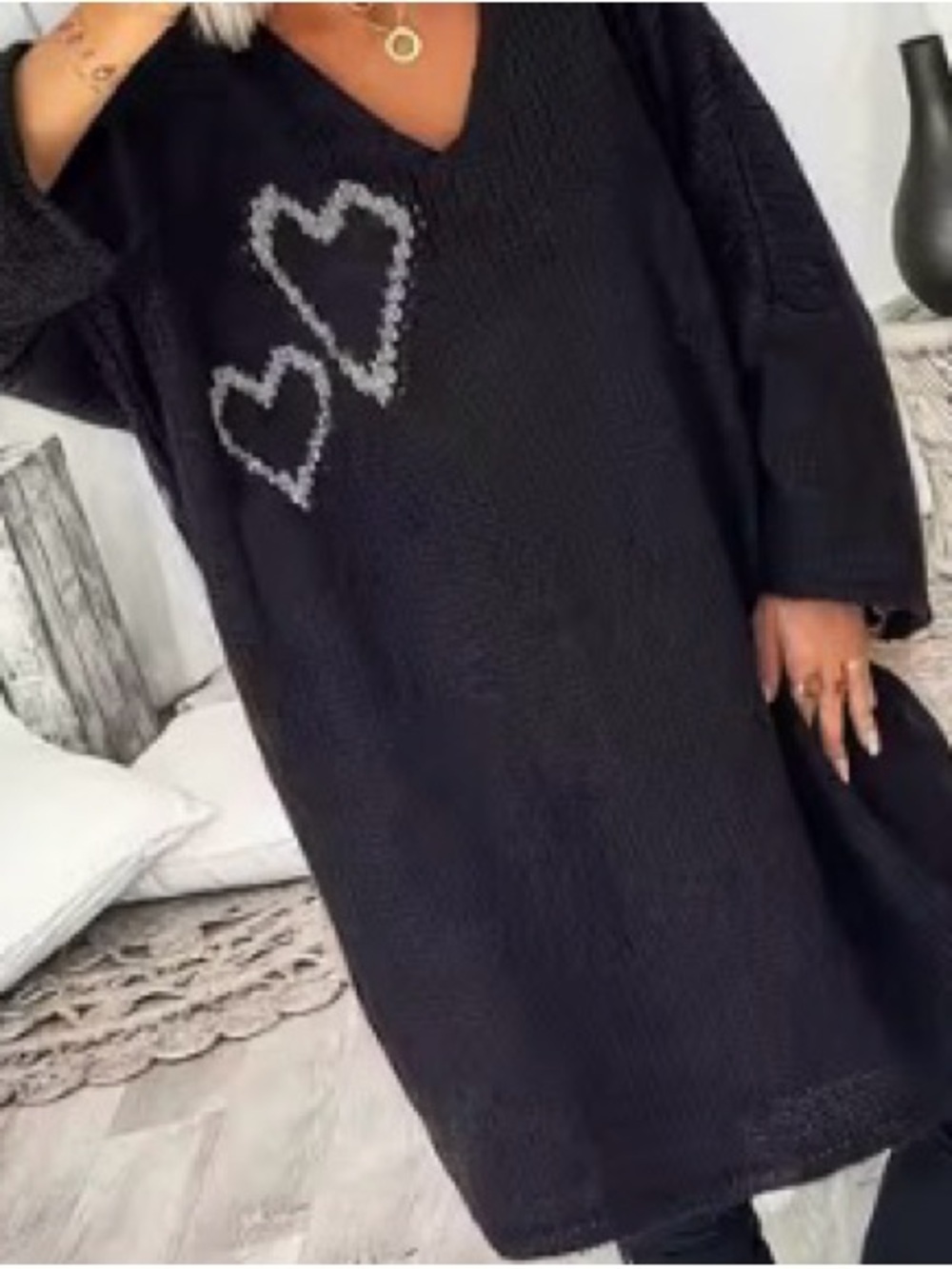 Black Heart Detail Women's Sweater Dress - 2XL